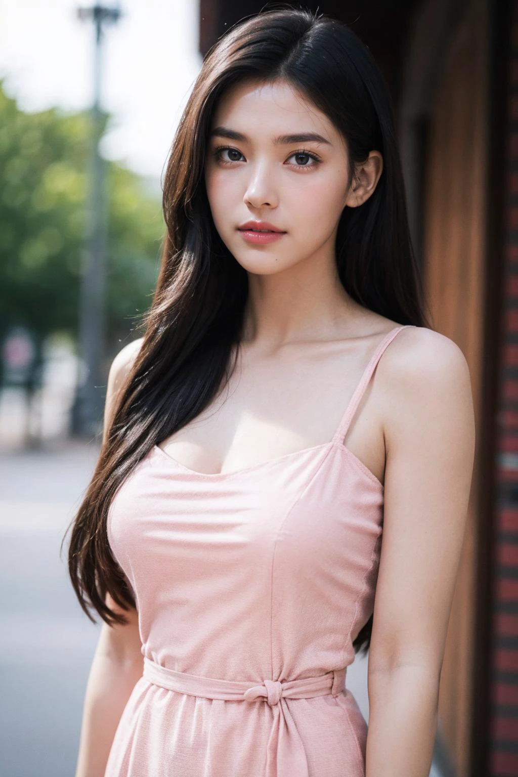 cinematic photo 1girl,breasts,brown eyes,(black long straight hair:1.2),collarbone,(upper body:1.2),(large breasts:1.4),looking at viewer,8k uhd,dslr,soft lighting,high quality,film grain,Fujifilm XT3,outdoors,photorealistic,realistic,solo,upper body,richly defined face,dewy skin,products shot,(high detailed skin:1.2),detailed face and eyes,natural skin texture,highly detailed skin,textured skin,skin pores,imperfect skin,visible skin detail,detailed skin texture,shirt,(pink dress:1.4),
