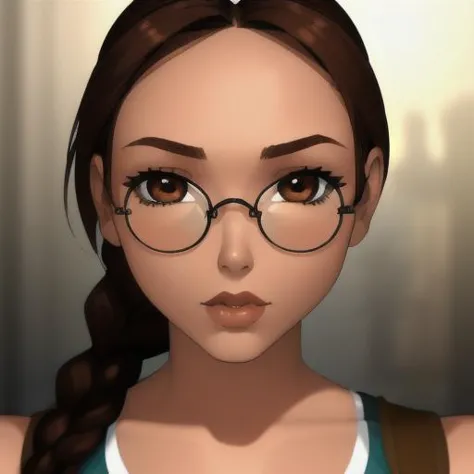 <lora:Vintage_Lara_Croft:1> 1 girl, solo, brown hair, braid, single braid, (brown eyes), wearing tank top, shorts, lips, looking...