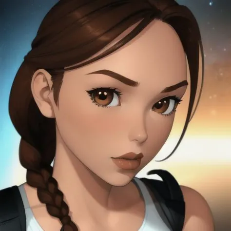 <lora:Vintage_Lara_Croft:1> 1 girl, solo, brown hair, braid, single braid, (brown eyes), wearing tank top, shorts, lips, looking...