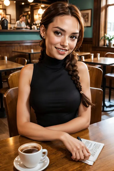 woman sitting at a table with a cup of coffee and a notepad