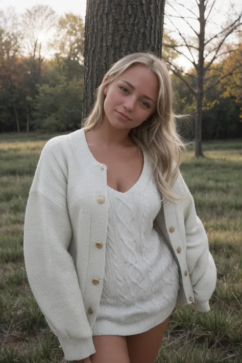 a photo of 0ER0_Emma_Wagner, beautiful, bokeh, (wearing a sweater and jacket), winter vibes, light rays, standing in a field, RA...