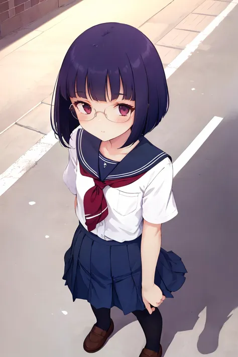 anime girl in uniform standing on street with shadow of building