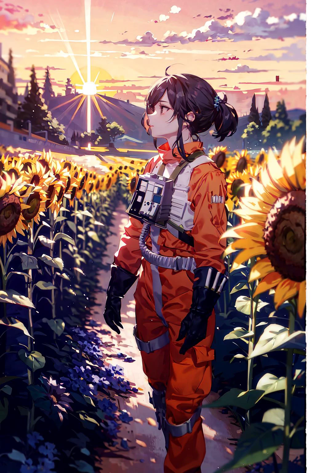 a woman in orange (rebel pilot suit:1.2), sunflower field, (angled camera shot), (looking away), (smooth surface), (cinematic), (softer tone), (beautiful lighting), (beautiful shadows), (bokeh lighting), ((bloom)), (high quality), (masterpiece), (very good parallax), (shimmering), (post-processing effects), (flower field with blue and purple flowers, river nearby), (sunset:1.4),