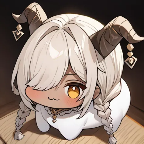 best quality,masterpiece,intricate details,hyperdetailed,incredibly absurdres,
solo,doro,full body,creature,:3,chibi,twin braids,hair over one eye,yellow eyes,horns,no humans,dark skin,four legs,solid circle eyes,no pupils,seductive smile,blush,
<lora:Doro_X_PDXL_V1:1>,<lora:OwariPDCAME AL:0.8>,<lora:Add-detail-xl:1.5>,