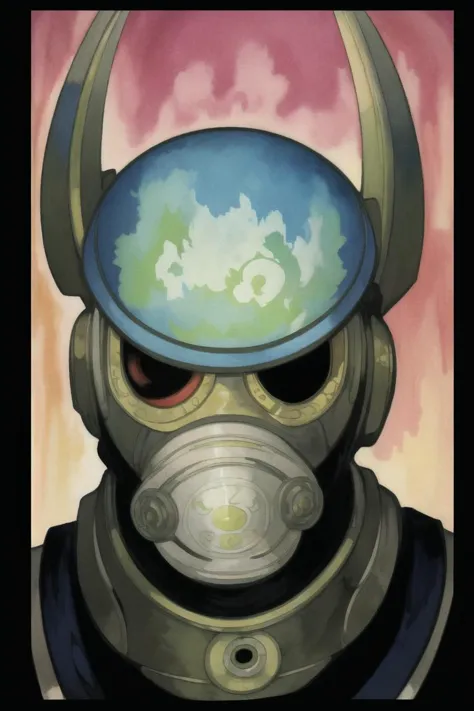 [face shot of a man human with a white mask looking at you[, art by Alphonse Mucha::02] : abstract detailed intricate water color, oil painting of a robot, solider, mask, gas mask, war setting, art by Jack Kirby : 07]
