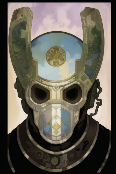 [face shot of a man human with a white mask looking at you[, art by Alphonse Mucha::02] : abstract detailed intricate water color, oil painting of a robot, solider, mask, gas mask, war setting, art by Alphonse Mucha : 07]