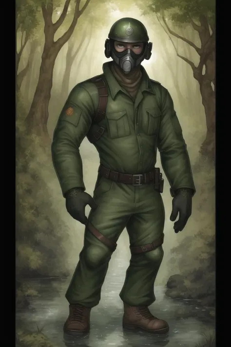 [[dark detailed intricate water, color oil painting of a :02]full body shot, man human with a mask looking at you : dark detailed intricate water color, oil painting of a human male in a forest, pants, clothing, BDU, solider, helmet, mask, gas mask, war se...
