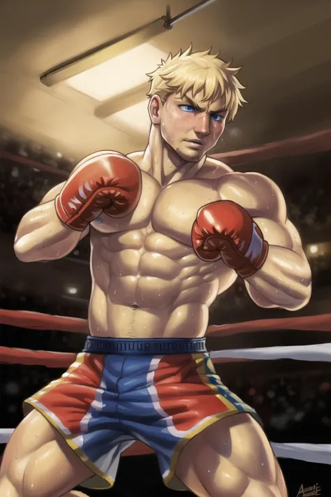 realistic photorealistic detailed intricate, oil painting of a male, boxer punching, wide shot, boxing gloves, sweat, blond hair, blue eyes, art by Arthur Wardle, Chen Daofu,