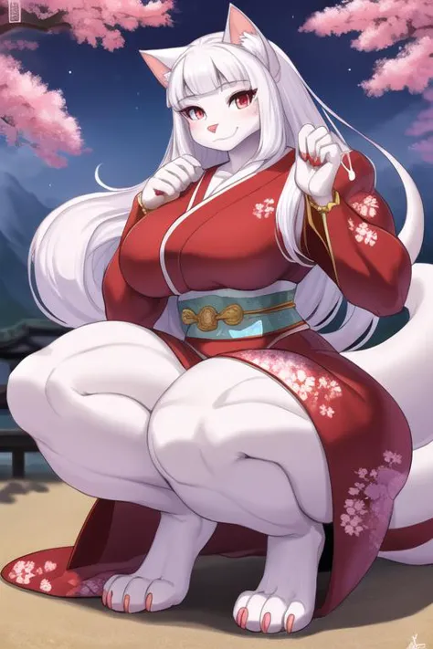 Cat, anthro, female, paws, incredibly fluffy realistic fur, squat, muscular bodybuilder, incredibly detailed hands, incredibly detailed fingers, japanese dress with dragon pattern
