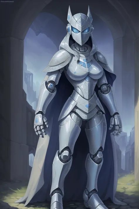 armor, blue eyes, cape, gauntlets, helmet, looking at viewer, robot, solo, standing,