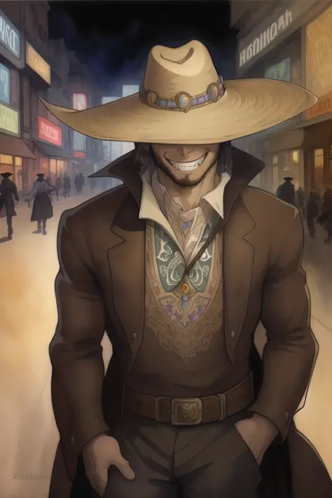 (From above:0.9)(From the side:0.4) realistic photorealistic dark detailed intricate, watercolor oil painting of a human male, in a busy western street at night, cowboy shot, cowboy hat, (hat covering eyes:1.3), looking down, grin, sharp teeth, looking at ...