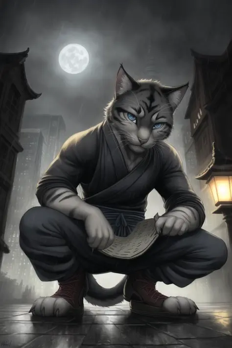 (from below:1.5),[ dark :30]realistic photorealistic detailed intricate, layered oil impasto acrylic painting of a male, Ninja,  cat, [furry], nice eyes, looing down at viewer, [[claws]], paws, crouching, clothing, ninja gi, pants, cat tail, leaning in loo...