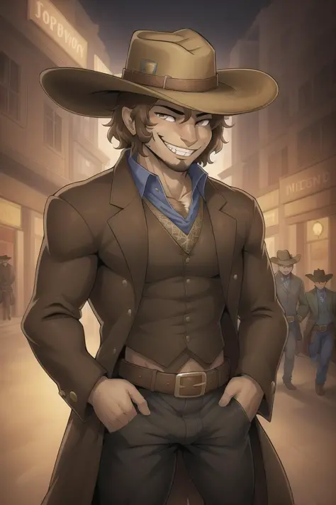 1boy, belt, belt buckle, brown belt, coat, cowboy hat, formal, grin, hat, male focus, pants, smile, teeth