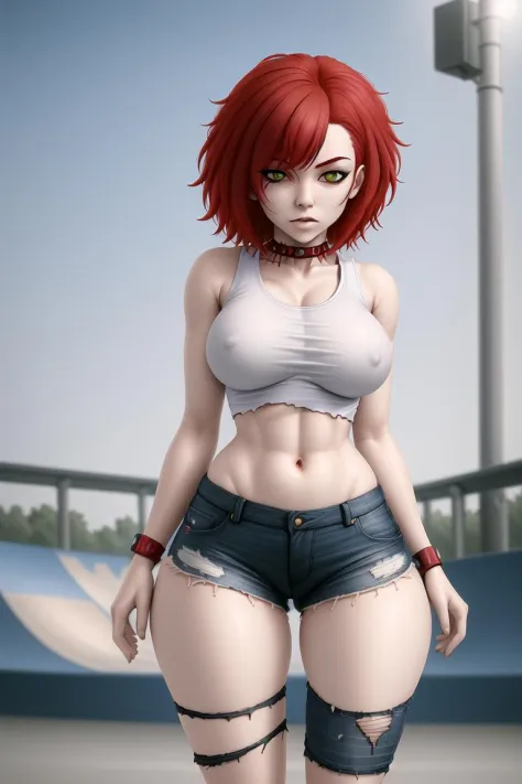 Detailed Refined Intricate Gradients, 1girl, torn clothes, ripped clothes, crop top, white shirt, short shorts, wild hair, red hair, punk,  torso, skate park, detailed background