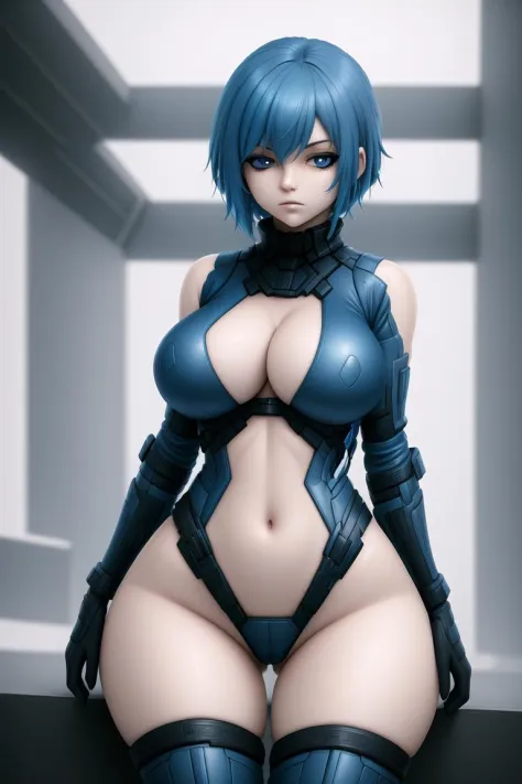 1girl, battle suit, futuristic, torso, blue hair, blue eyes, sci-fi