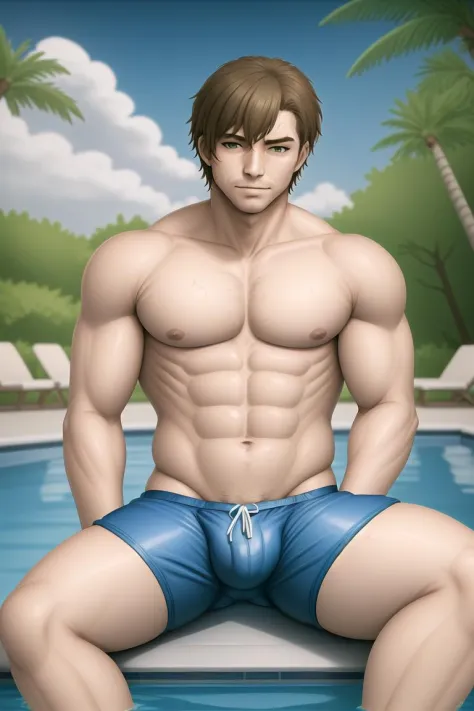 man sitting at a pool side, swim trunks