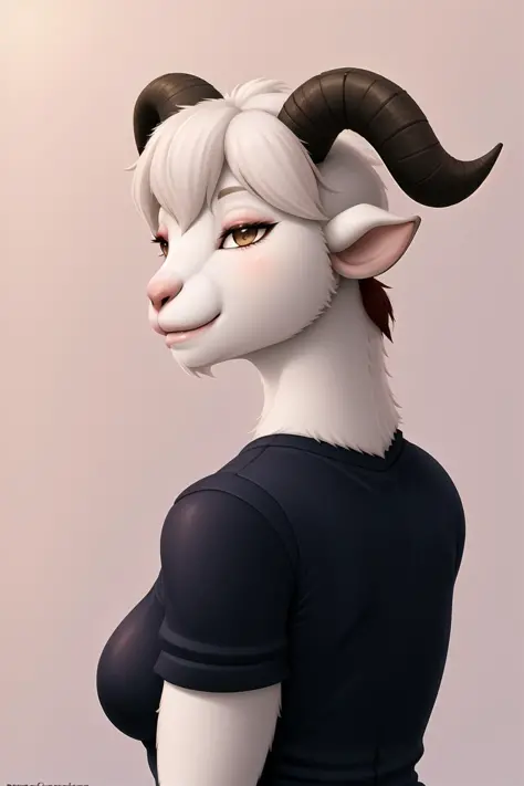 from the side, (Gradients), curved horns, 1girl, anthro, furry, female, female furry, goat ears, goat girl, furry art, horns, goat horns, small breast, back, arms, shirt,