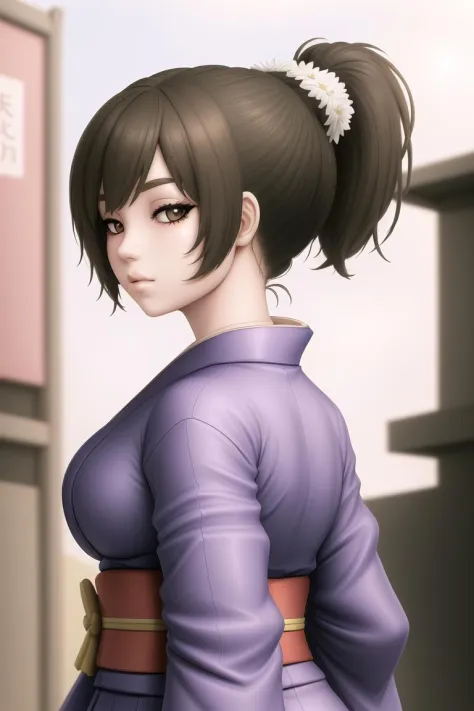 1girl, short kimono, ponytail, from the front, festival, background