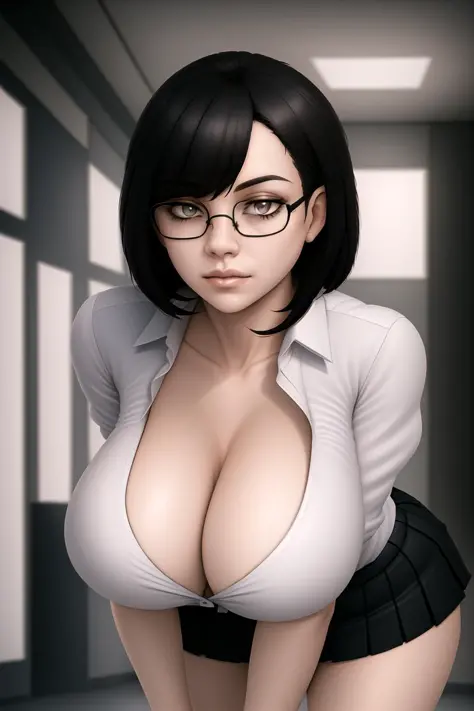 Detailed Refined Intricate Gradients, 1girl, deep cleavage, breasts, office, hallway, from the front, leaning forward, breast, hands on knees, wide shot, open white blouse, black skirt, glasses, unbutton
