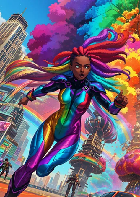 a woman in a colorful suit running through a city