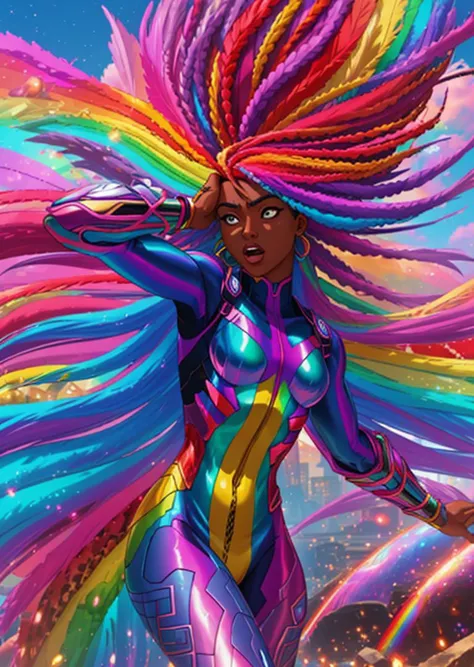 a woman with colorful hair and a rainbow wig in a city