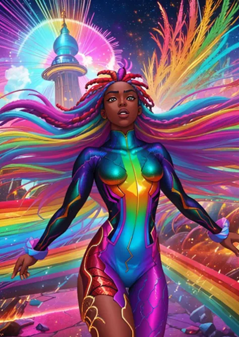 a woman in a bodysuit with a rainbow colored hair and a spaceship in the background