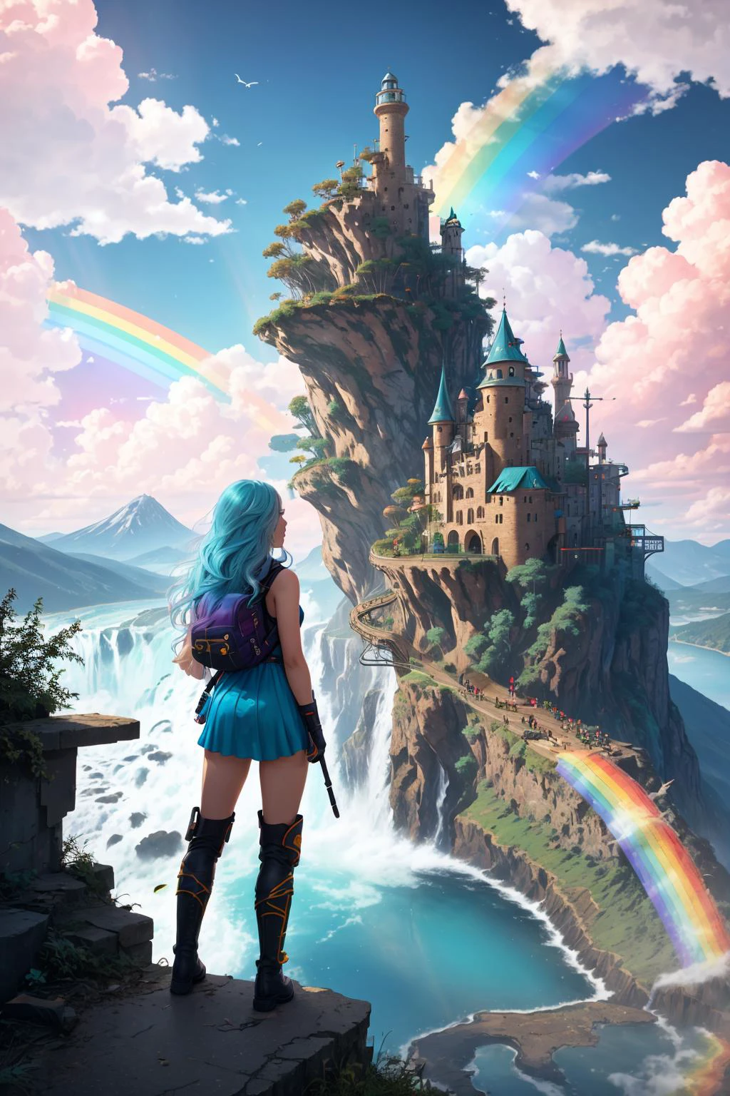 colorful, cityscape, city, cloud, scenery, skyscraper, building, cloudy sky, sky, long hair, from behind, outdoors, bird, ruins, 1girl, sunlight, tower, facing away, city lights, green hair, water, sunbeam, light rays, bridge, post-apocalypse, tree, backpack, very long hair, lens flare, knee boots, mountain, river, waterfall, white hair, solo, weapon, skyline, rainbow, neon trim