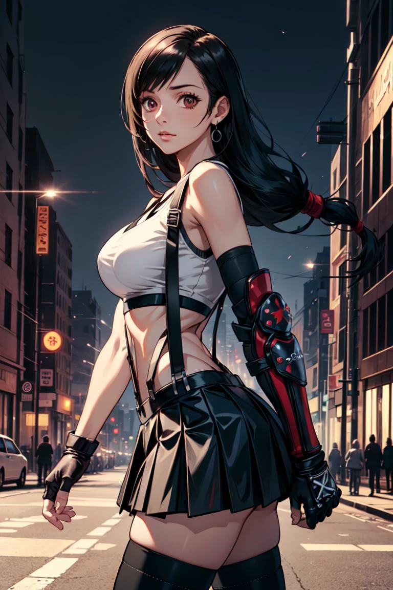 cowboy shot ,realistic, best quality, masterpiece, realistic ,7rtifa, crop top, arm guards, fingerless gloves, suspenders, pleated miniskirt, black thighhighs, fist, from side, looking at viewer, dystopian city, city street, night  