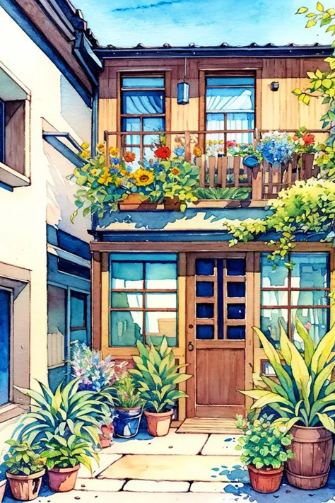Flower store, coffee spot, tables, chairs, no one, windows, flowers, plants, potted plants, watercolor (medium), landscapes, doo...