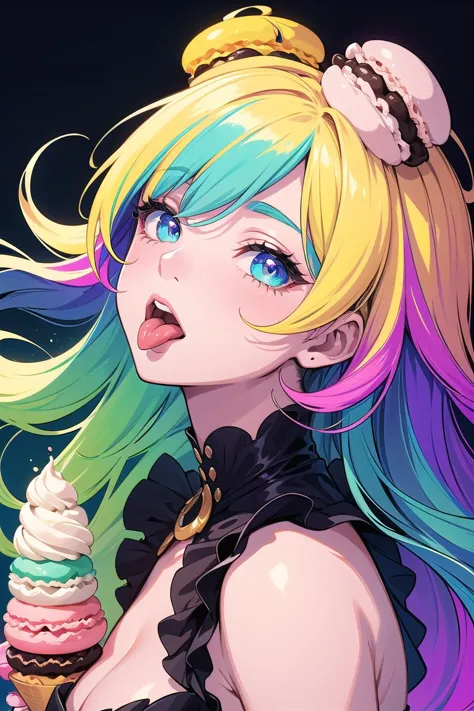 beautiful and detailed illustration,pop art,masterpiece, best quality, ultra-detailed,soft lighting,(colorful, vivid color:1.4), 1girl, ice cream, parfait, cream, macaron, tongue out, multicolor hair, smagnificent panorama view,glossy eyes,cinematic shot,vibrant colors,gorgeous colors,dynamic action pose,