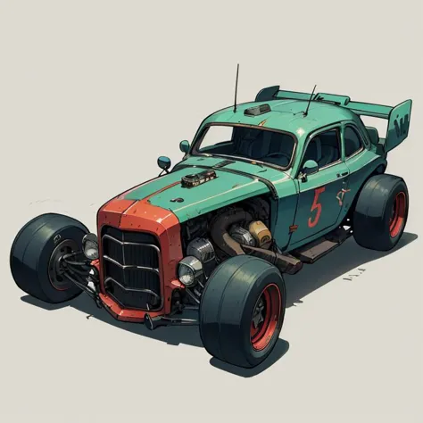 ((badass)) Plymouth ((retro sport rat rod zeekars)), wide tires, (blue, green and red color accents), <lora:zeekars:0.65>,