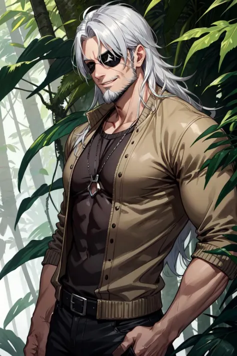 (masterpiece, best quality), 1 male, mature, aged up:1.4, tall muscular guy, broad shoulders, finely detailed eyes and detailed face, best ratio four finger and one thumb, best light and shadow, silver hair, smile, long messy hair, Eyepatch, Beard, Dirty, mercenary, old leather jumper, forest, jungle, vines,<lora:more_details:0.3>, <lyco:GoodHands-beta2:0.8>