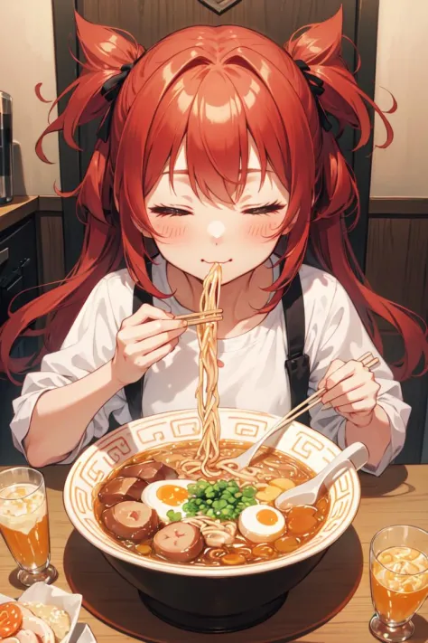 (masterpiece, best quality), 1girl, solo, cute face, kawaii, ramen, chopsticks, drinking glass, eating, heart, happy, closed eye...