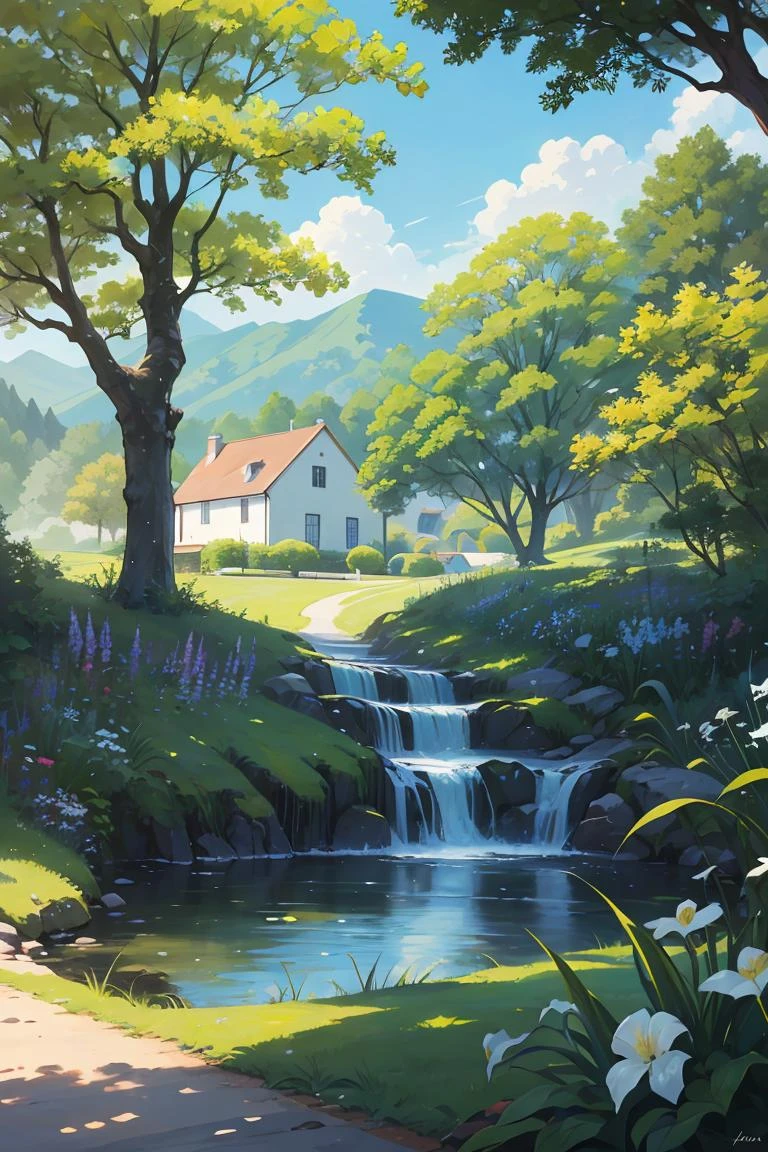 Create a summer landscapeï¼Capture the beauty and tranquility of a sunny day in the countryside. The painting should be colorful and vibrant, Depict lush greenery with warm tones and bold brushstrokes, Rolling hills, and blue sky. You can choose to include small streams, Several trees, Or a farmhouse in the backgroundï¼to add depth and interest to the painting. Make sure to pay attention to the position of the elements and the overall composition of the paintingï¼to create a sense of balance and harmony. Use your imagination and creativityï¼Bring the scene to life on the canvas, And feel free to experiment with different techniques and styles to achieve the desired effect.