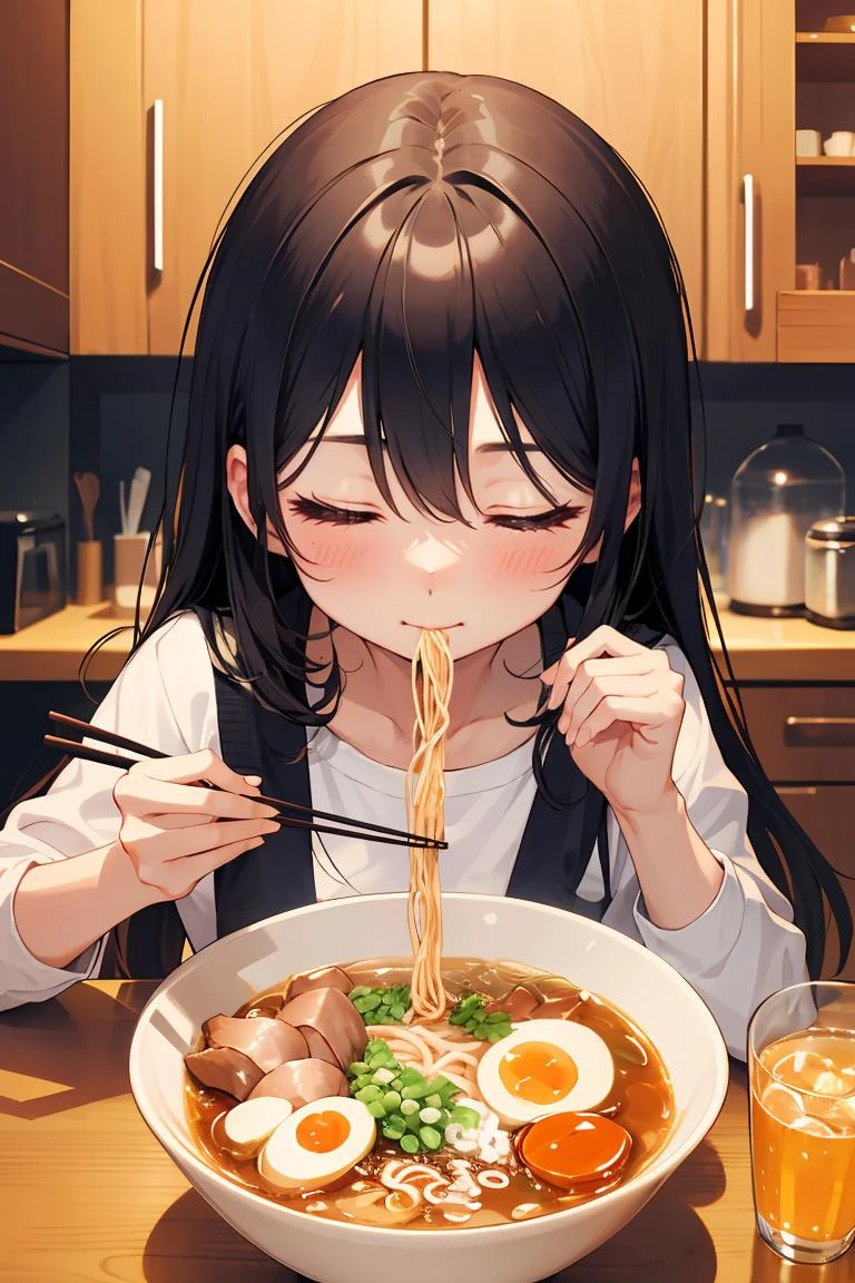 (傑作, 最高品質), 1人の女の子, 一人で, かわいい顔, かわいい, 拉麺, 箸, コップ, 食べる, 心臓, ハッピー, 目を閉じて, 口を閉じた, 台所, 