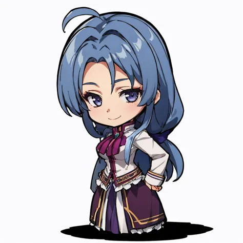 masterpiece, best quality, <lora:Aurier-10:1>, Aurier Vander, long hair, blue hair, lavender eyes, medium breasts, white shirt, purple skirt, long skirt, standing, smile, hands to hips, chibi, white background, simple background <lora:DarkCabalChibiStyle:1>