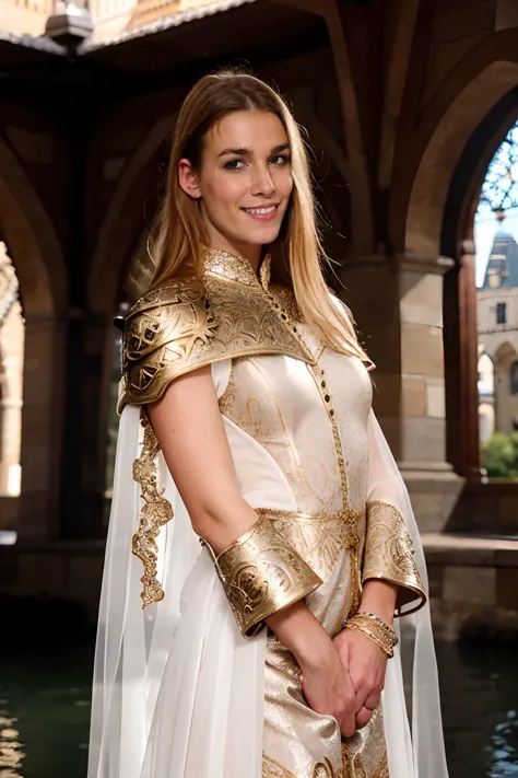 a woman in a white dress and gold armor posing for a picture