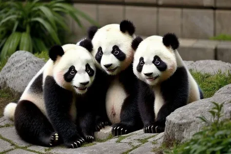 three panda bears sitting on a rock in a zoo enclosure