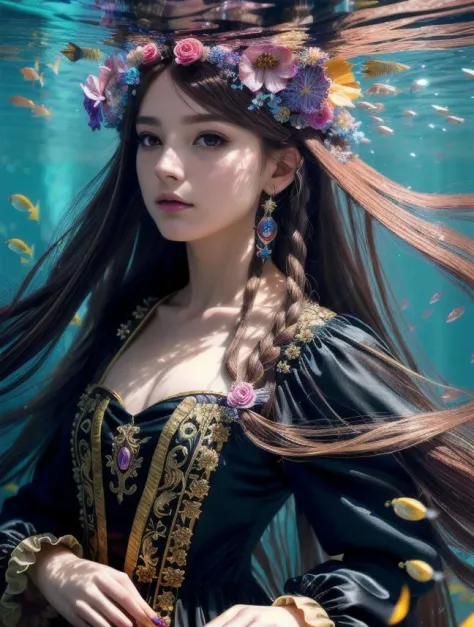 (absurdres, highres, ultra detailed), 1girl, solo, mature, (long hair), Baroque, dress, long sleeve, elegant, holy, colorful, hi...