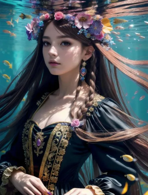 (absurdres, highres, ultra detailed), 1girl, solo, mature, (long hair), Baroque, dress, long sleeve, elegant, holy, colorful, highest detailed, portrait, close up, underwater, floating hair, flower