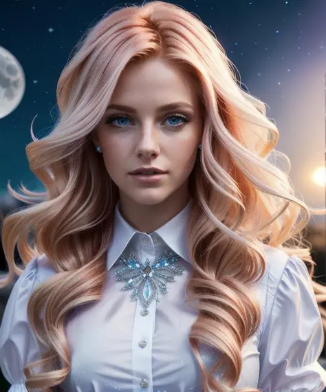 hair red gradient blonde, night sky, detailed face, face focus, shiny skin, game cg, nigh sky, moonlight, moon, white gloves, polish dress shirt glitter glass, Intricate Surface Detail, Crystal Core , Ethereal Fantasy, Realistic, Fiction, Full-HD, 8K Photo, HD,