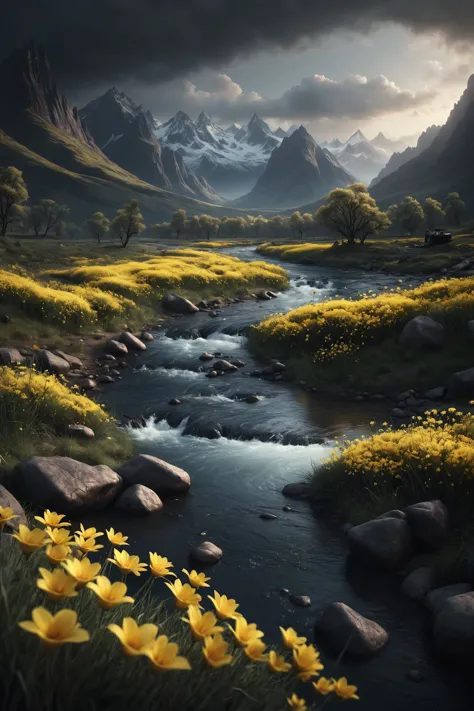 social realist style a picture taken from a distance of a river with yellow flowers, ross tran. scenic background, max rive, beautifully lit landscape, inspired by michal karcz, inspired by micha  karcz, blissful landscape, beautiful mattepainting, breathtaking landscape, stunning landscape, beautiful serene landscape, magical landscape, natural landscape beauty, an amazing landscape image, soft focus matte painting . working class, political, gritty, highly detailed