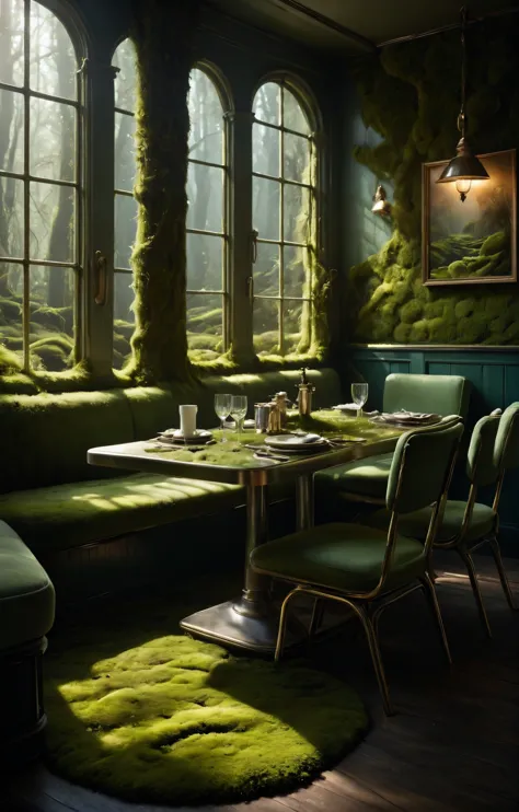 Idyllic, (moss portrait), Diner aesthetics, iridescent colors, stunning background. bathed in sunlight, a mesmerizing blend of light and shadow. masterpiece, absurdres, intricate details <lora:mosscoveredXL:0.7>, peaceful, happy, pleasant, happy, harmonious, picturesque, charming