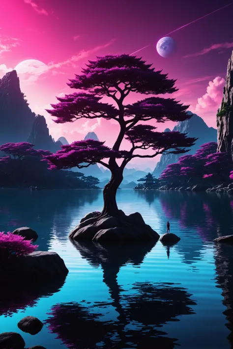 neonpunk style arafed tree on a rock in the middle of a lake, anime 3 d art, pink bonsai tree, by patrick brown, eden at dawn, full image, pine, smooth vibrancy, x  x  x}, wallpaper , tai chi, by noah bradley, smooth curvatures, symmetric beauty, japonisme, art in the style of friendly comic art style . cyberpunk, vaporwave, neon, vibes, vibrant, stunningly beautiful, crisp, detailed, sleek, ultramodern, magenta highlights, dark purple shadows, high contrast, cinematic, ultra detailed, intricate, professional