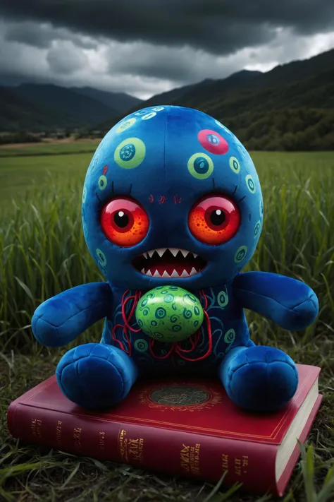 horror book cover art, terrifying, macabre, eerie, dark tones this product is a plush toy inspired by the digital illustration in the image. the plush toy features a round, blue creature with large eyes, an open mouth revealing a fiery glow inside, and dripping tentacles. it sits atop a lush green field dotted with colorful easter eggs. the background showcases a vibrant landscape filled with mountains, a tree, and clouds, giving the scene a magical feel. this plush toy would make a unique and eye catching addition to any collection or as a conversation starter due to its striking design and whimsical theme.