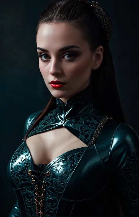 High Fashion, (pervy latex portrait), Medieval aesthetics, detailed skin texture with visible pores and minor blemishes, vivid colors, stunning background. dark and moody, a mesmerizing blend of light and shadow. masterpiece, absurdres, intricate details <lora:pervy_v1.0:0.6>, dynamic, dramatic, haute couture, elegant, ornate clothing, High Fashion