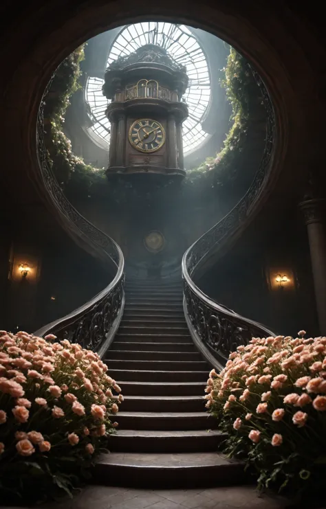 there is a clock tower in the middle of a staircase