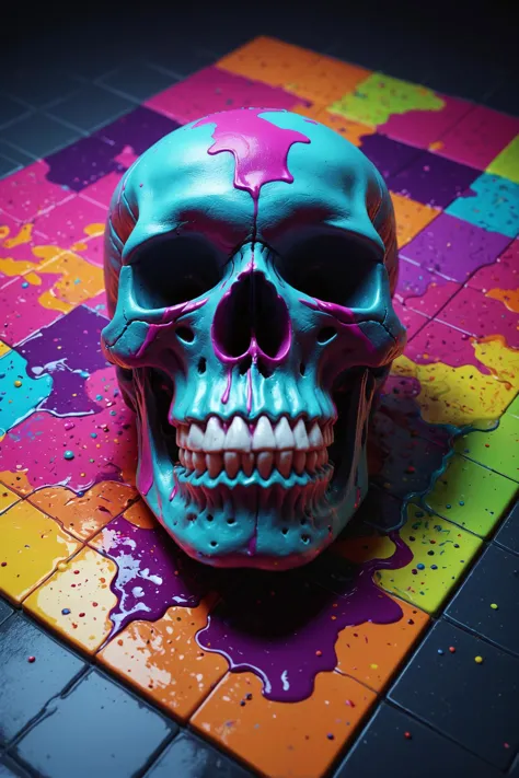 brightly colored skull on a colorful tile floor with a black background