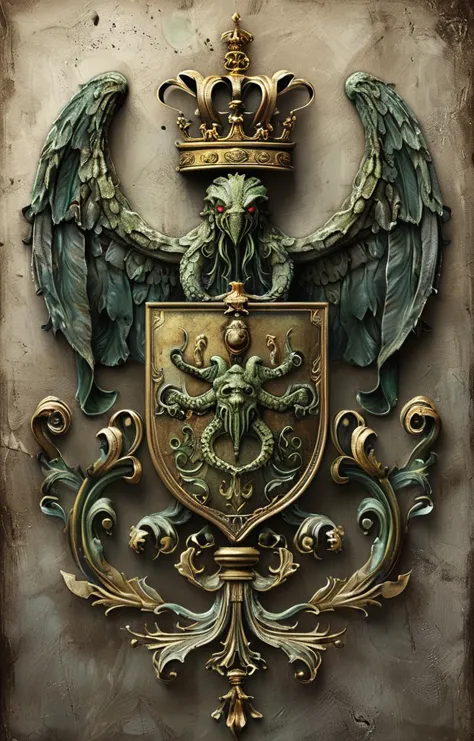 a close up of a metal plaque with a crown and wings