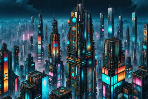 mad_colorful_mosaic tall highrise in the center of wide cyberpunk sprawling cityscape, smoke, night, rain, hologram <lora:EnvyKyotopunkXL01:0.8> kyotopunk,   <lora:Colorful_Mosaic_SDXL:1>, (masterpiece:1.2), best quality, (hyperdetailed, highest detailed:1.2), high resolution textures, <lora:EnvyBetterHiresFixXL01:1>